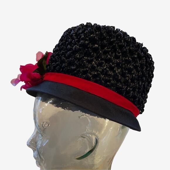 Floral Hat Cloche Black Red Band Woven Raffia Vintage 60s MidMod MCM - Picture 6 of 8